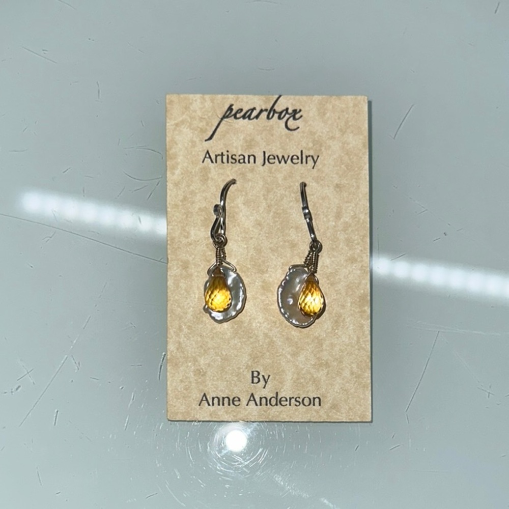 Sterling Silver Dangle Earrings with Citrine,freshwater petal pearls, handmade